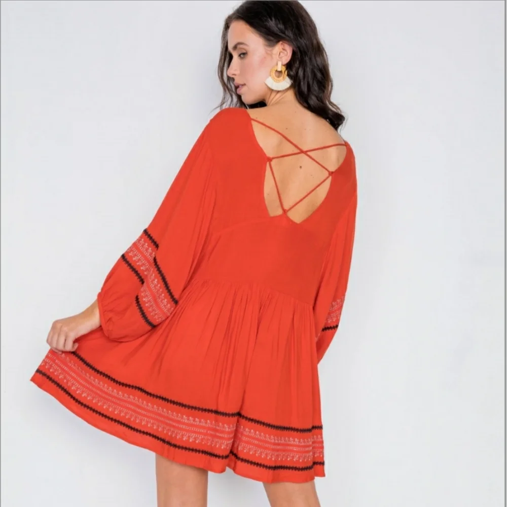 Dusty Red Embroidery Long Sleeve Boho Dress NWT - Picture 2 of 5